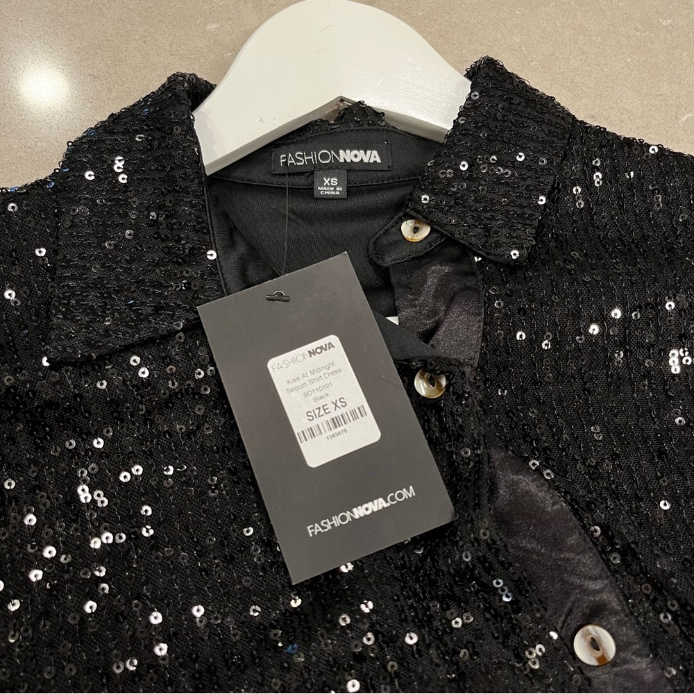 Sparkling Black Sequin Button Down Shirt Dress - Picture 3 of 5